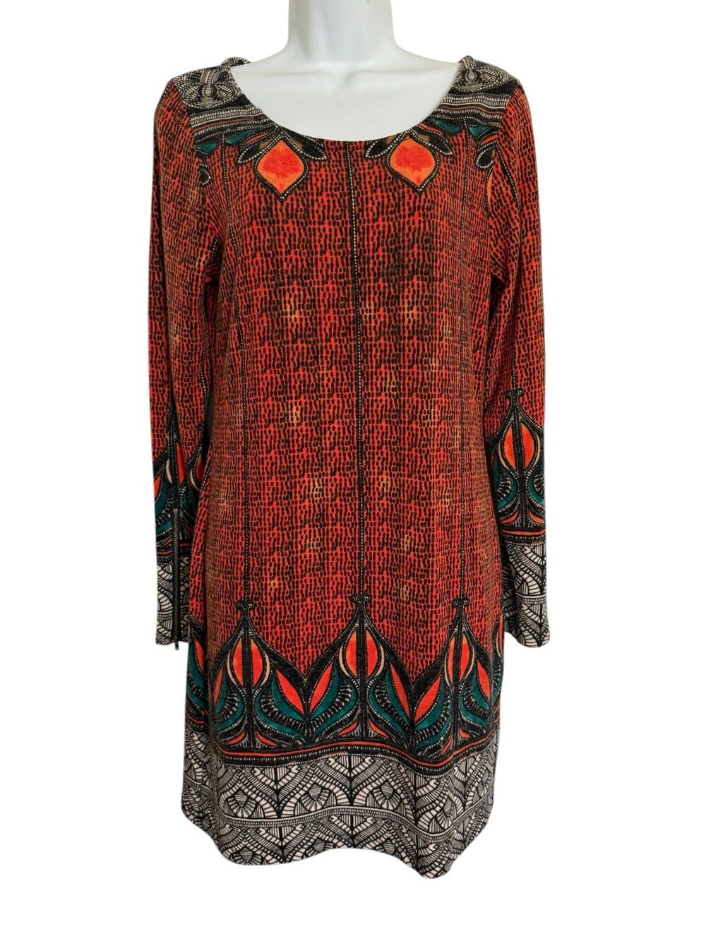 Aryeh Dress Small Orange black Artsy Geometric Border Print Long Sleeve Shift